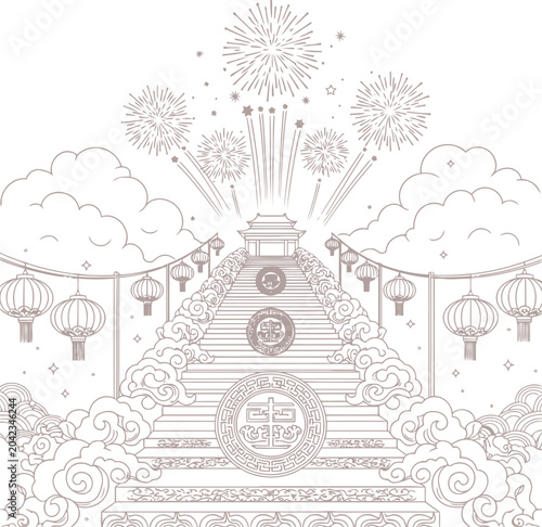 Traditional asian temple staircase with lanterns and fireworks celebration scene illustration