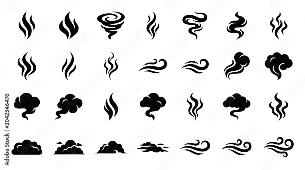 Fototapeta premium Collection of various smoke and steam icons in black.