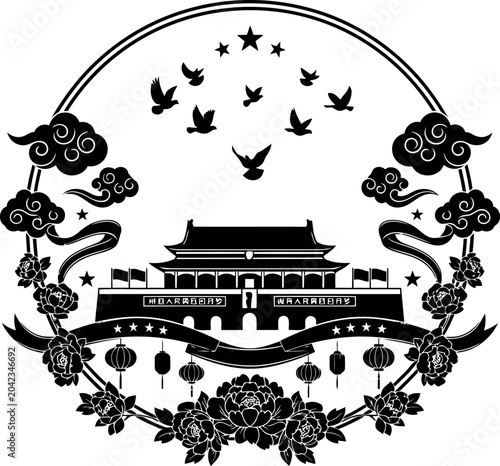 Traditional chinese temple illustration with ornate decorations and flying birds silhouette