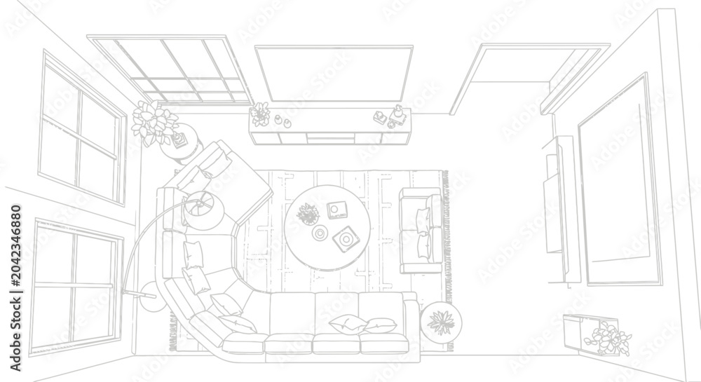 Fototapeta premium Top view architectural sketch of a modern living room interior design.