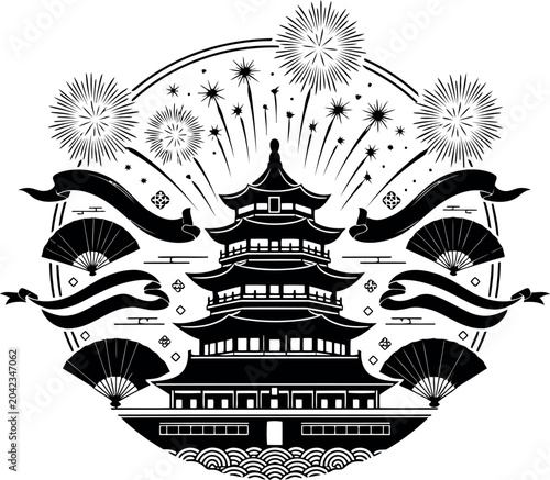 Traditional asian pagoda illustration with fireworks and fans isolated design