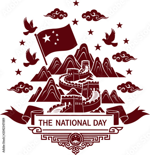 Chinese national day celebration with great wall and flag illustration design