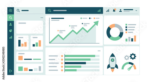 Blurred screenshot of business dashboard with various colorful charts graphs and infographics for data analysis and performance metrics in a digital workspace