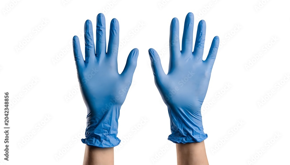Fototapeta premium Pair of hands wearing blue nitrile medical gloves With shadow. AI GENERATED.