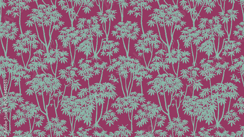 Vibrant Tropical Forest Pattern with Lush Green Trees on a Bold Magenta Background.