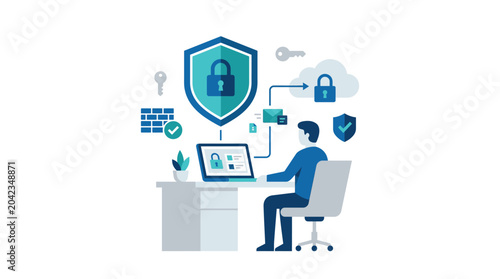 Cybersecurity concept with a person working on a computer surrounded by security symbols like shields locks and keys representing data protection and online safety measures.