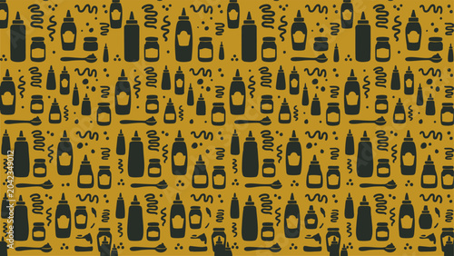 Abstract pattern of various bottles and containers on a mustard yellow background.