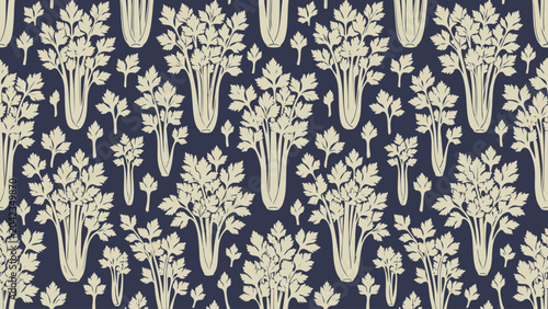 Stylized celery stalks and leaves in a repeating pattern on a dark background.