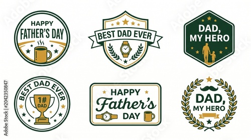 Professional Father's Day Badge and Logo Emblem Set with Best Dad Ever and My Hero Typography on White Background