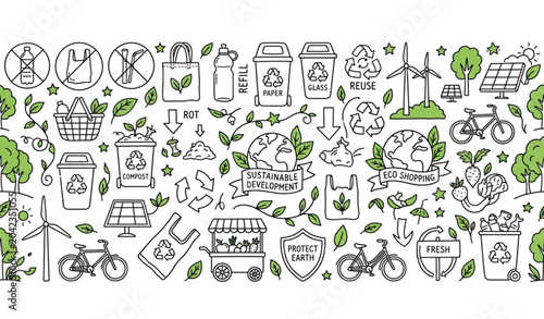 Zero waste seamless border pattern with no plastic reduce reuse recycle and sustainable living icons