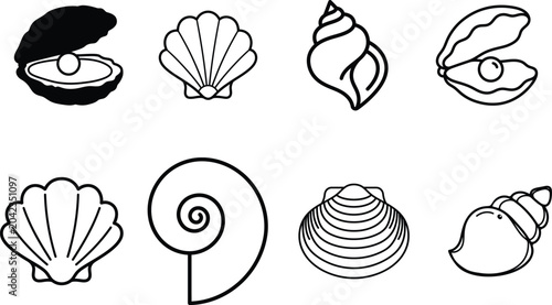 Foto black and white illustration of various seashells and mollusks