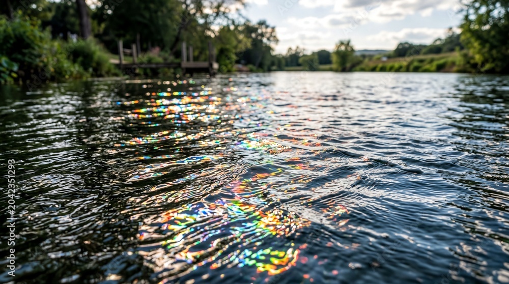 Fototapeta premium light refraction effects, colorful rainbow reflections dance on a tranquil water surface under sunlight