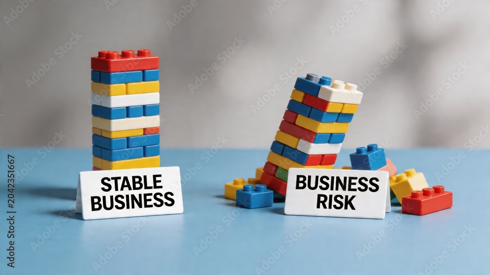 Naklejka premium A colorful Lego tower representing stable business and another tower representing business risk on a blue surface, symbolizing assessment and risk management in finance and economy.