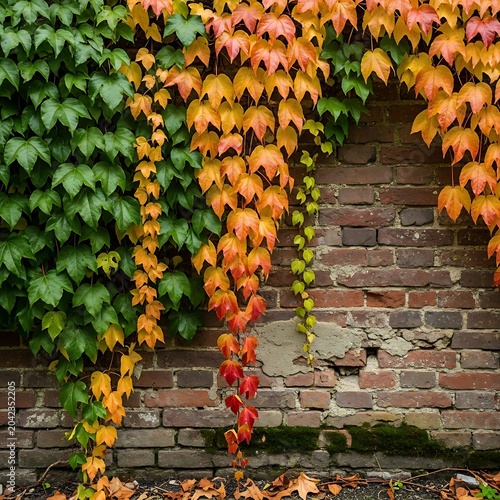 Vibrant autumn ivy cascades over weathered brick wall, transitioning from green to fiery reds