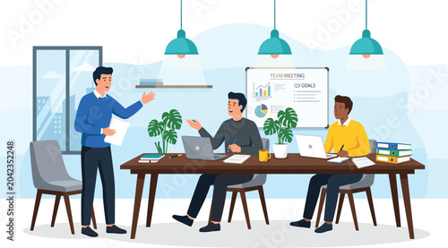 Photos Flat Style Team Business Meeting Scene with Diverse Professionals Discussing Goa