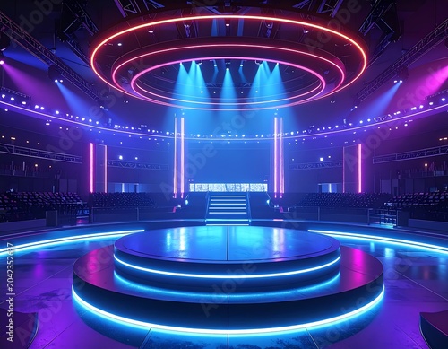 A futuristic stage with blue and pink neon lights in a large empty auditorium