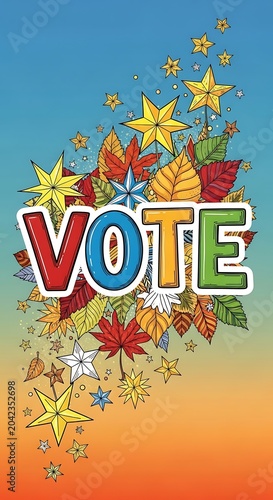 Vibrant autumn leaves and stars surround the bold text 