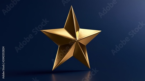 Shiny gold star stands on a dark blue background with smooth surfaces and sharp points