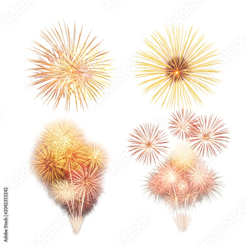 Colorful fireworks bursting in night sky isolated on white background