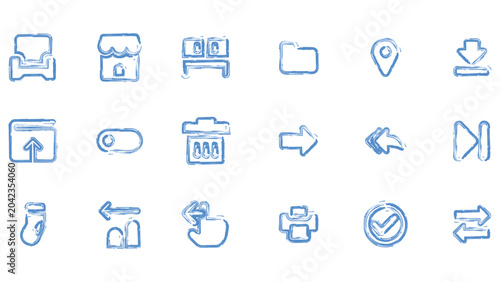 Photos Set of hand drawn blue icons including a couch, store, cabinet, folder, and various arrow symbols