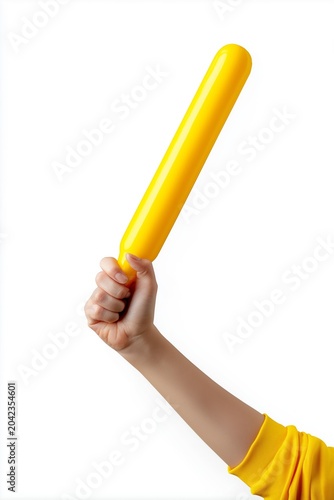 Hand holding bright yellow inflatable cheer stick support banner for cheering or sports fan enthusiasm isolated on white background