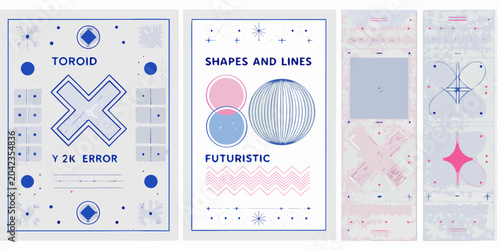 Photos four vertical posters with geometric shapes and text