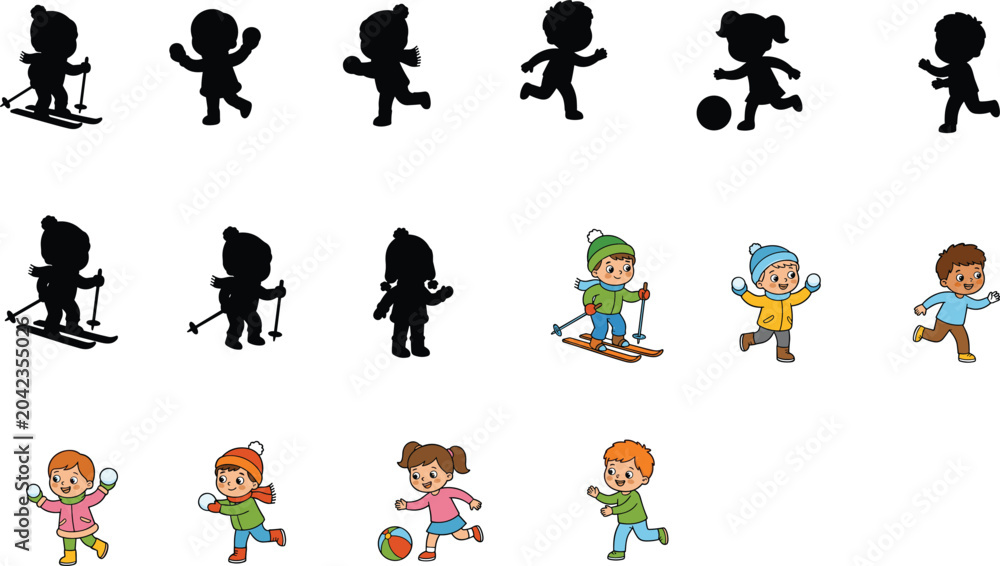 Obraz premium Children Playing and Winter Activity Character Collection Featuring Running, Ball Games and Skiing Fun Illustrations