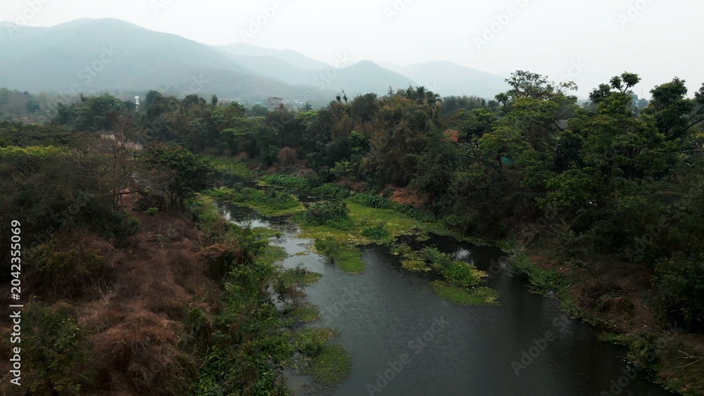 Obraz premium River flowing through wild green landscape with misty mountains in background