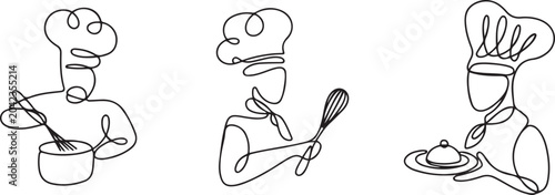 Quadro em tela Set of creative templates of continuous line drawings of chef, toque chef hats isolated