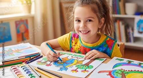 Little children drawing and painting with crayons at home learning and having fun in preschool art activity