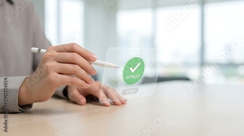Digital signature and approval concept with professional signing paperless contract using hologram technology on wooden desk