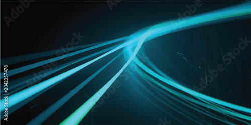 Photos Digitally rendered glowing blue light trails curving through dark background, re