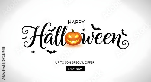 Happy halloween banner with jackolantern pumpkin, bats, and spiders isolated on white background