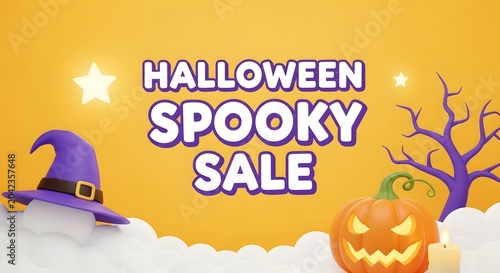 Halloween spooky sale banner with 3d witch hat, jackolantern pumpkin, and purple tree on clouds