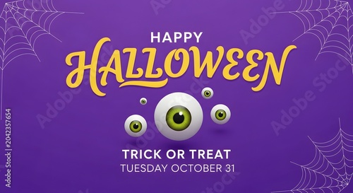 Happy halloween banner with floating eyeballs and spider webs on purple background