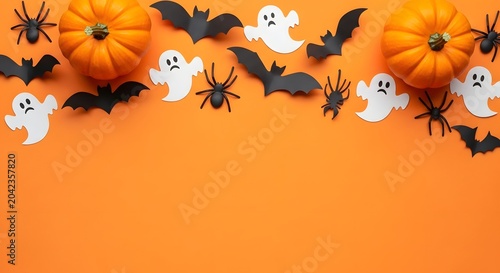Halloween flat lay background with pumpkins, paper ghosts, bats, and spiders