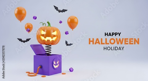 3d render of a jackolantern popping out of a purple jackinthebox