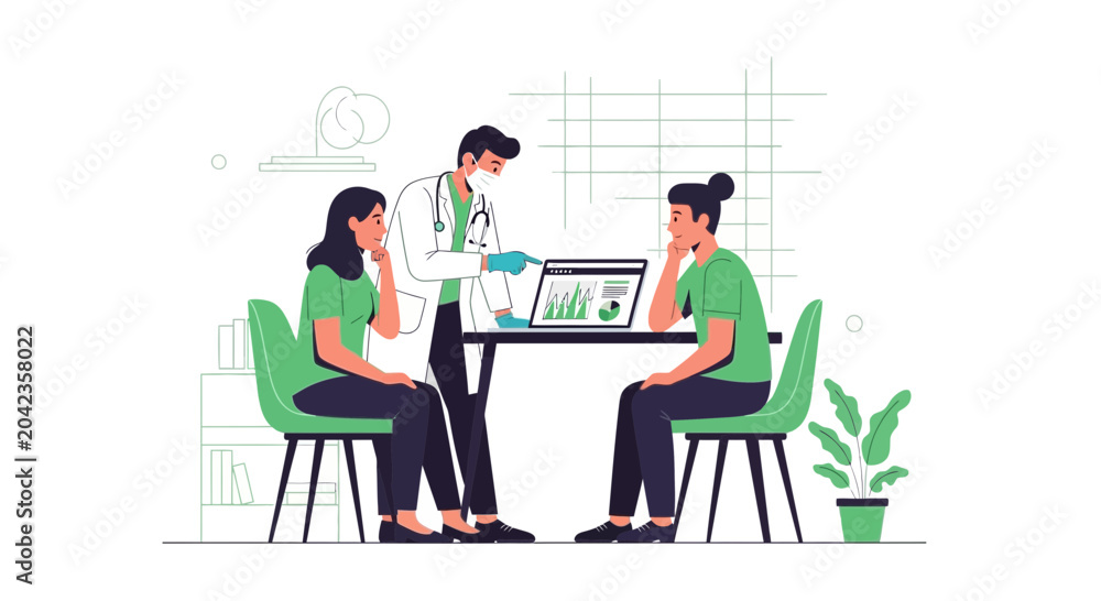 Fototapeta premium Medical Consultation Demonstrating Analysis of Patient Data with Modern Visual Elements
