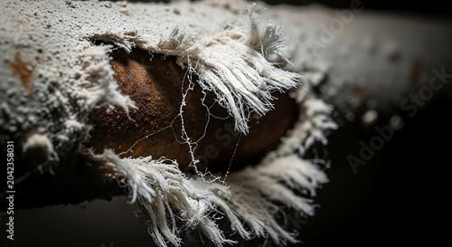 Closeup of damaged asbestos insulation on an old rusty pipe showing frayed hazardous fibers ideal for asbestos remediation inspection and health risk awareness