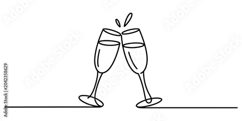 Foto Continuous line drawing of two champagne glasses clinking for a celebration