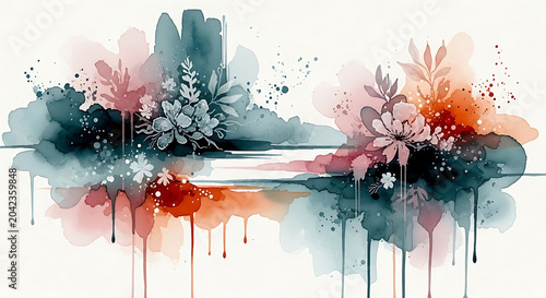 Abstract Watercolor Floral Background with Vibrant Ink Splatters and Paint Drips Modern Botanical Art Illustration for Banner Design and Creative Home Decor