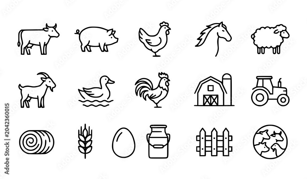 Fototapeta premium Farm animals line icon set agriculture livestock vector illustration