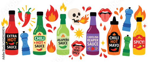Foto Spicy chili hot sauce bottles with flames and skulls.