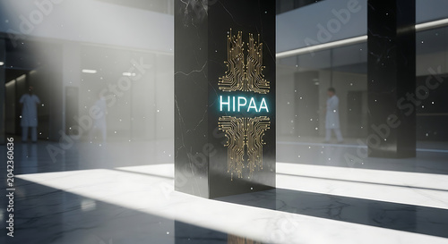 HIPAA Acronym on Digital Circuit Board Background in Modern Medical Facility Representing Healthcare Data Privacy and Patient Information Security