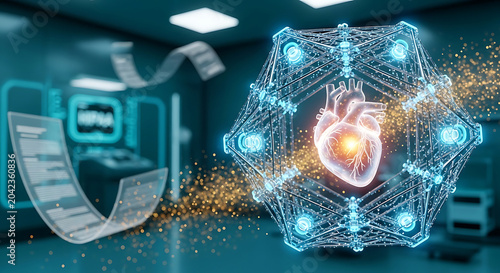 Futuristic digital human heart model enclosed in a geometric technological structure within a hightech medical laboratory for cardiology research