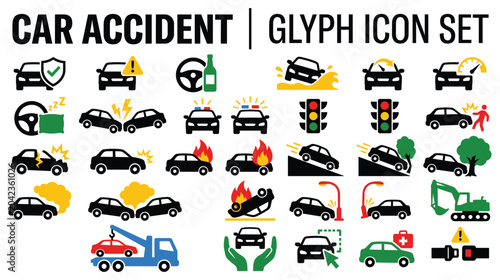 Fotografie Car accident glyph icons set depicting crash and emergency.