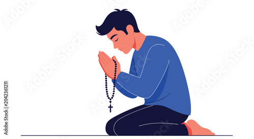 Young man kneeling in prayer holding a rosary with a cross symbol representing deep faith and his personal spiritual devotion.