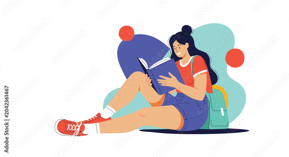 Fototapeta premium Relaxed young woman sits on the floor while reading a large blue book with her green backpack nearby and artistic shapes behind.