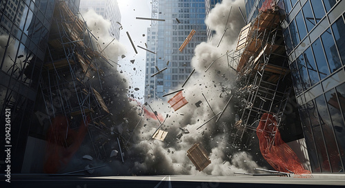 Dramatic Scaffolding Accident on a Skyscraper Site with Falling Debris and Dust Clouds Illustrating a Major Construction Disaster and Workplace Safety Failure