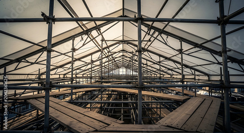 Interior view of a massive industrial scaffolding roof system with wooden walkway platforms and metal support beams designed for safe highaltitude construction work